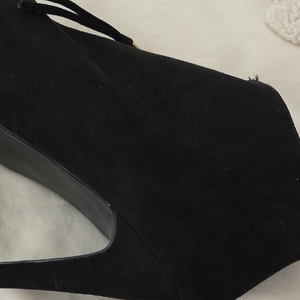 Mossimo Supply Co. Black Suede Peep-Toe Ankle Boots with Gold Trim - Picture 8 of 14